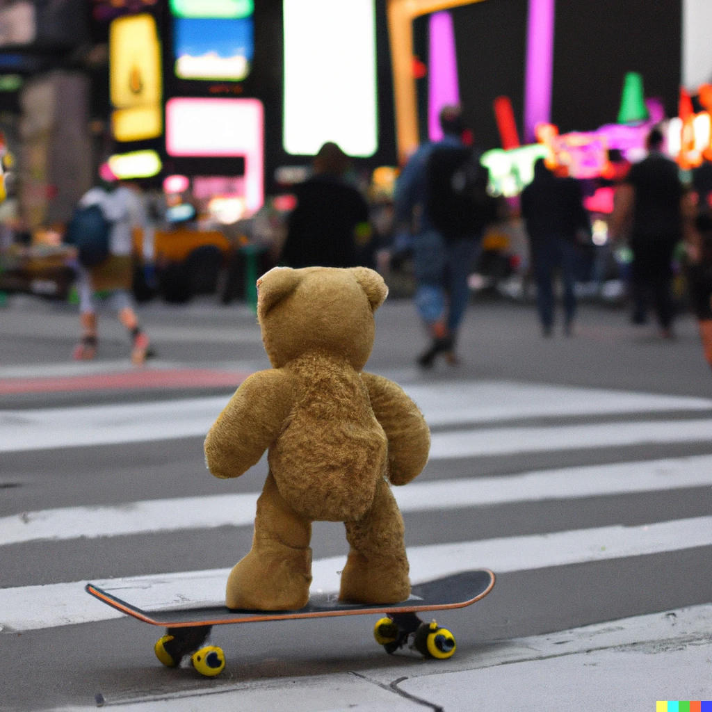 A photo of a teddy bear on a skateboard in Times Square